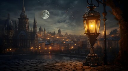 Beautiful panoramic view of the old town at night. - obrazy, fototapety, plakaty