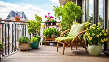 Beautiful balcony or terrace with wooden and plants - obrazy, fototapety, plakaty