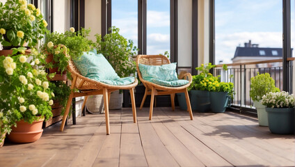 Beautiful balcony or terrace with wooden and plants