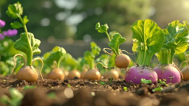 Cartoon animation of a Lilliputian family excitedly pulling up a minisized version of a surprise vegetable from their harvest. Its a tiny turnip How adorable.