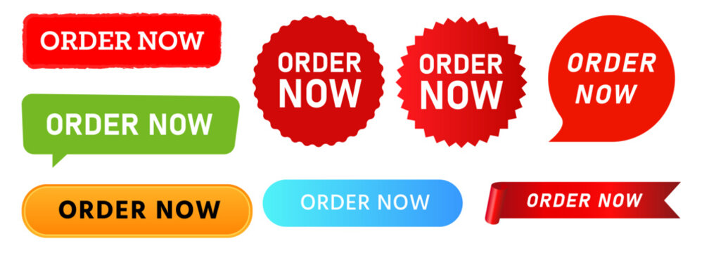 Order now transaction call to action button ribbon label sticker commerce design set collection