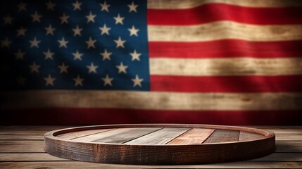 Podium stage wooden for display Products on flag american background. 4th of July USA Independence Day. Mockup presentation. advertisement. copy text space.