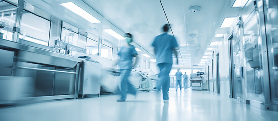 Dynamic Scene of Healthcare Workers in Motion in a Busy Hospital Setting. Urgent Medical Care Concept - obrazy, fototapety, plakaty