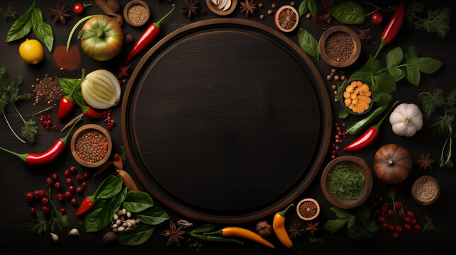 Wood texture background with cooking ornaments for a food menu theme. Copy space background area.