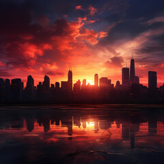 A city skyline at sunrise.