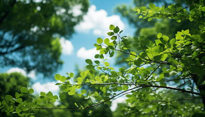 Fototapeta premium Fresh green leaves on tree branch in vibrant summer forest generated by AI