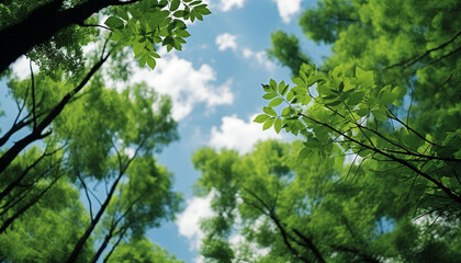 Fototapeta premium Fresh green leaves on tree branches in a vibrant forest generated by AI