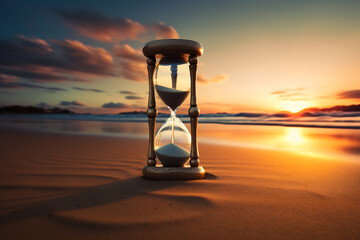 Hourglass on Sandy Beach at Sunset Symbolizing Passing Time. Concept of Transience and Nature's Rhythms - obrazy, fototapety, plakaty