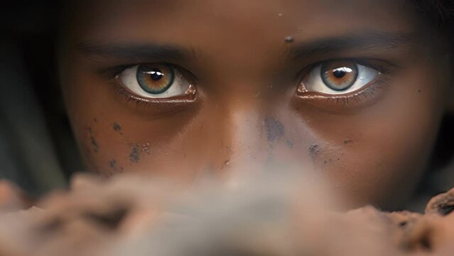 A closeup of an African boys face reveals his bright eyes widening with excitement as he surveys the rugged landscape in front of