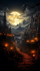 Halloween background with full moon, castle and spooky landscape.