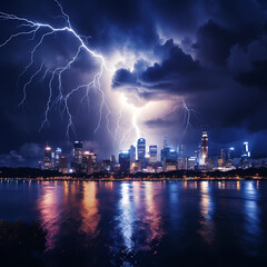 Naklejka na ściany i meble A dramatic lightning storm over a city.