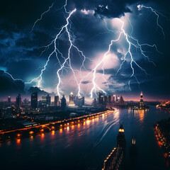A dramatic lightning storm over a city. - obrazy, fototapety, plakaty