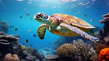 Foto op Canvas Realistic photo of a turtle in the sea with a beautiful coral reef background. generative ai © KBL Sungkid