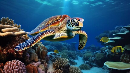 Realistic photo of a turtle in the sea with a beautiful coral reef background. generative ai
