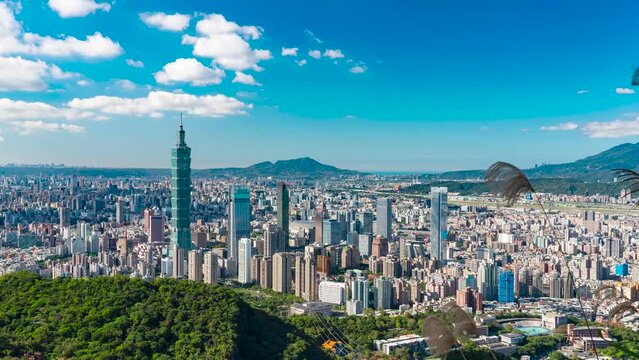Taipei, Taiwan urban cityscape on sunny summer day, sub-tropical warm weather, clear blue sky, time lapse