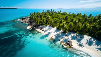 Aerial view of beautiful tropical island with palm trees and turquoise ocean