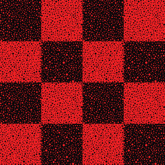 Red and black checkered design with grunge dotted texture. Abstract geometric seamless pattern