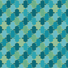 Abstract geometric seamless pattern. Mosaic of teal, turquoise, aquamarine, gold figured tiles, with dotted texture