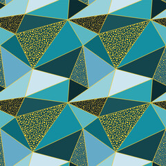 Low polygonal geometric seamless pattern. Teal, turquoise, aquamarine, blue and gold triangles, dotted texture, low poly triangle crystal texture. Bright modern abstract design