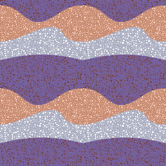 Abstract geometric seamless pattern of wavy textured shapes. Purple, beige, gray waves