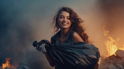 A female volunteer smiles while looking at the camera, picking up plastic garbage in nature, the concept of environmental protection, global pollution of the planet with plastic and garbage
