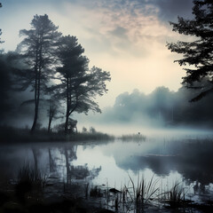 Fototapeta na wymiar A mysterious fog over a tranquil lake. 