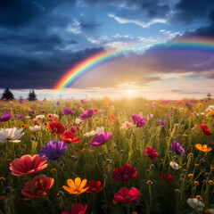 A rainbow over a field of wildflowers. 