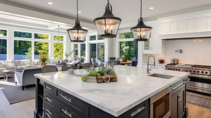 Fototapeta premium White kitchen design features large bar style kitchen island with granite countertop illuminated by modern pendant lights. Northwest, USA