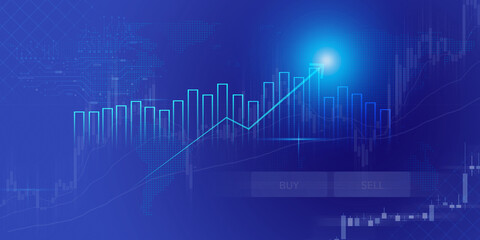 Fototapeta premium Business growth arrow up digital on blue dark background, investment graph technology circuit to success, financial data technology strategy, market chart profit money, abstract finance background