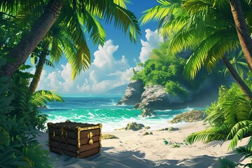 Tropical trees and an island beach with an unlocked pirate chest. Treasure of the Exotic Island - obrazy, fototapety, plakaty