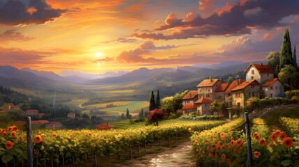 Panoramic view of the sunflower field at sunset in Tuscany, Italy