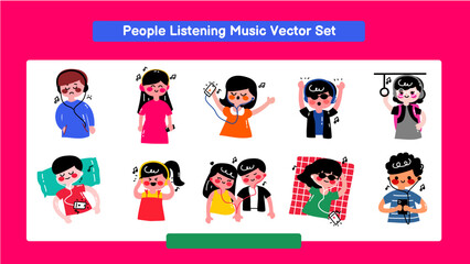 People Listening Music Vector Set