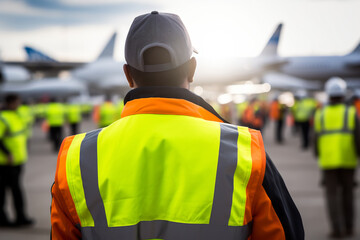 Airport Ramp Agent in Reflective Safety Vest Walking on Apron Among Parked Airplanes. Aviation Ground Operations Concept