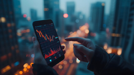 Person using a mobile trading application against a backdrop of a cityscape at twilight, managing investments on the go.

