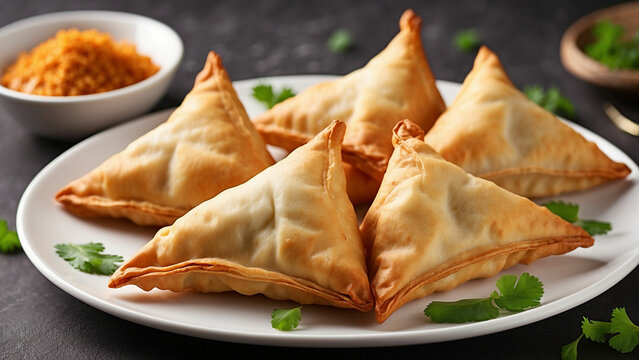 Beautiful and delicious chicken samosas on a pristine white plate with the golden brown, crispy exterior and the tempting aroma that wafts from each bite