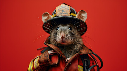 Cute Rat in Fireman Costume - obrazy, fototapety, plakaty