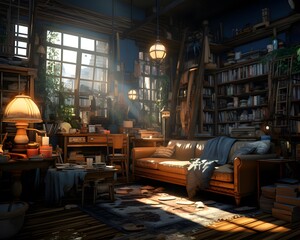 Interior of a cozy living room at night. 3d rendering
