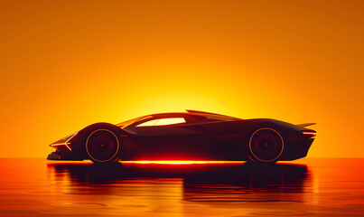 Futuristic silhouette of a car, the background is orange, hyperrealistic scene, the car is in a...