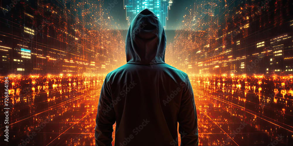 Wall mural Anonymous hacker man on his back with black sweatshirt and hoodie, surrounded by orange glowing data network on virtual space background. Cybersecurity, cyberattack, cybercrime concept. Generative AI.