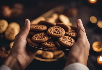 Fitr cookies holiday holding muslim Eid Algerian cigar ramadan hand traditional homemade chocolate named - obrazy, fototapety, plakaty