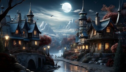 Halloween night landscape with haunted castle and moon, 3d render