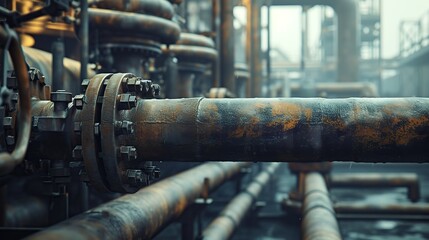Industrial zone, Steel pipelines, valves and pump. copy space for text. - obrazy, fototapety, plakaty