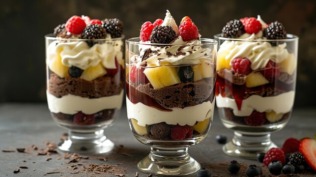 Layered trifle dessert with chocolate sponge cake, whipped cream and fruit jelly in serving glasses. copy space for text.