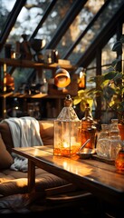 Vintage interior of a cozy coffee shop with a wooden table and glass bottles