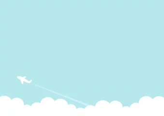 Fotobehang 飛行機が飛ぶ空のシンプルなベクター素材。旅行やビジネス出張のイメージに使えるコピースペースのある背景イラスト。明るいみ水色が春や夏に最適。 © GRACE