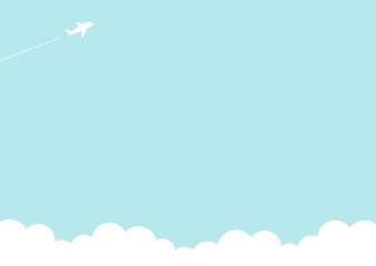 青空と飛行機のシンプルなベクター素材。旅行やビジネス出張のイメージに使えるコピースペースのある背景イラスト。明るいみ水色が春や夏に最適。