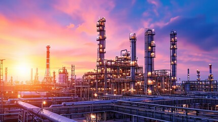 Obraz premium Oil and gas refinery plant or petrochemical industry on sky sunset background, Factory with evening, Manufacturing of petrochemical industrial. copy space.