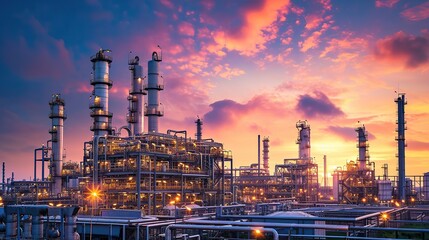 Oil and gas refinery plant or petrochemical industry on sky sunset background, Factory with evening, Manufacturing of petrochemical industrial. copy space.