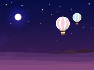 Fototapeta na wymiar 夜空を飛ぶ気球のベクターイラスト。コピースペースがある旅行のイラストで、ビジネスやチラシに使える夜間飛行の風景。
