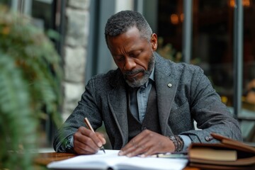 Obraz premium A man in a suit writing on a piece of paper. Generative AI.